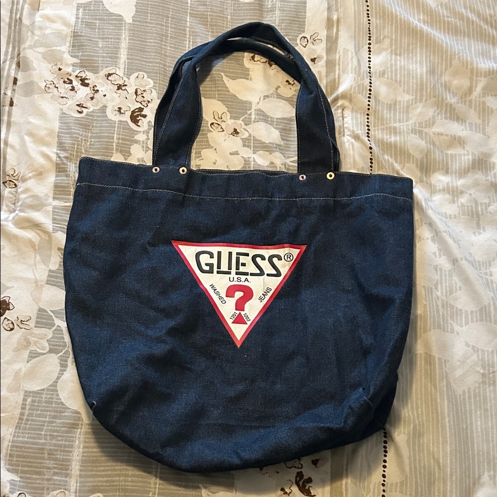 GUESS Navy Denim Tote with Red Triangle Logo